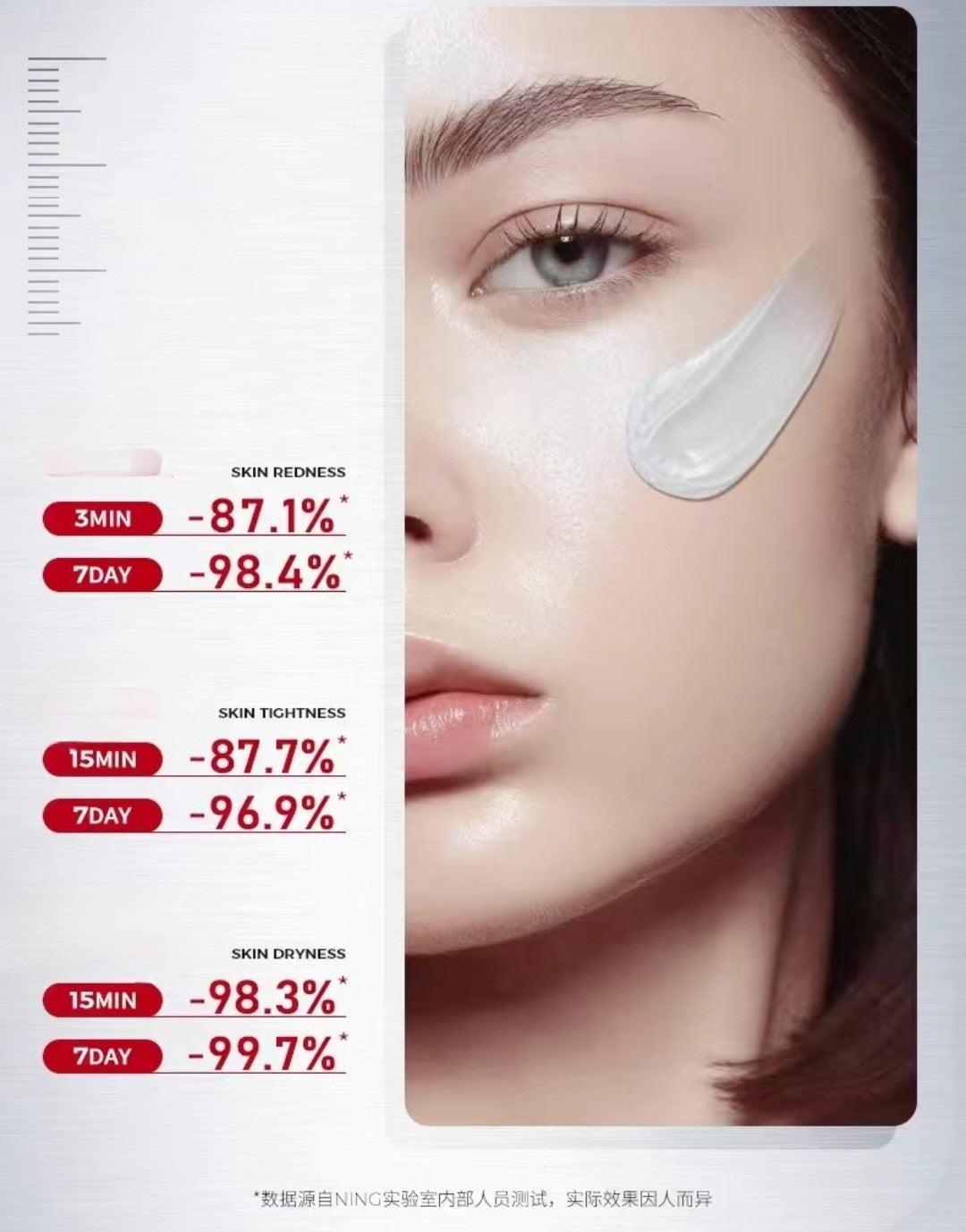 NING cream beside model with clear, calm skin”