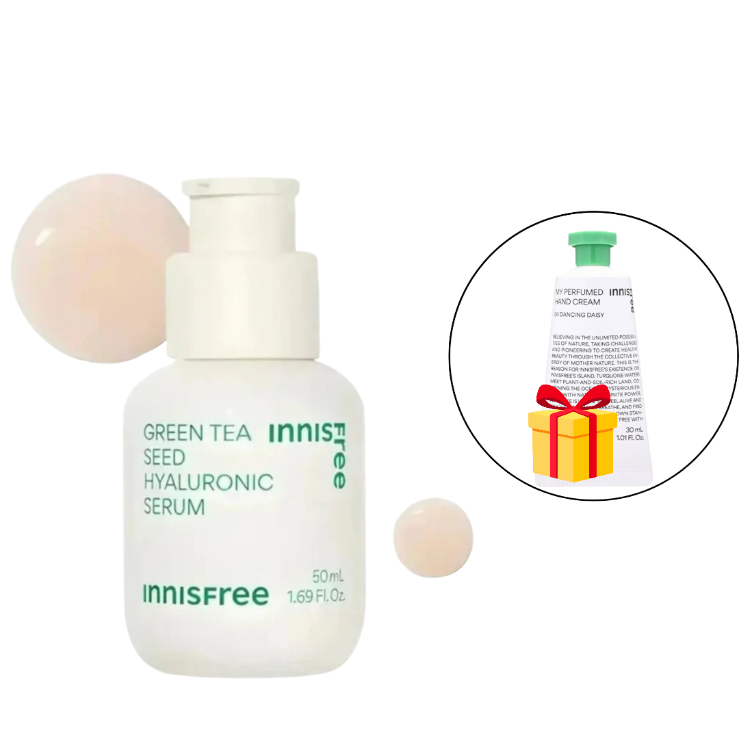 Innisfree Green Tea Seed Hyaluronic Serum bottle with close-up of packaging details on a white background
