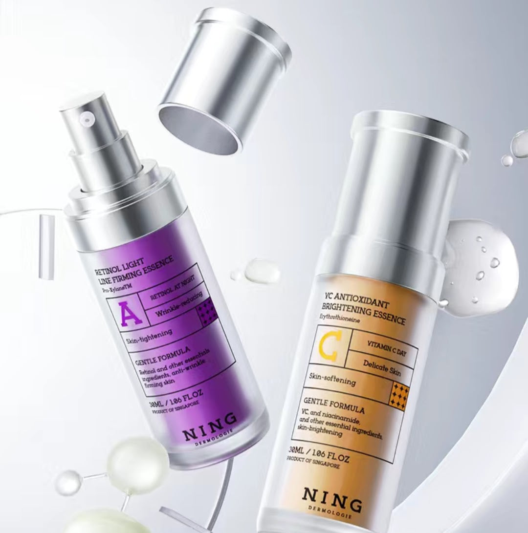 Alt Text: “Ning dual-pack day and night skincare serums in sleek silver pump bottles for wrinkle care”