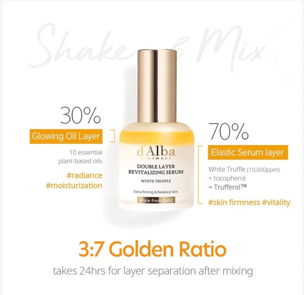 “d’Alba serum ingredient breakdown – 3:7 golden ratio for hydration and nourishment”