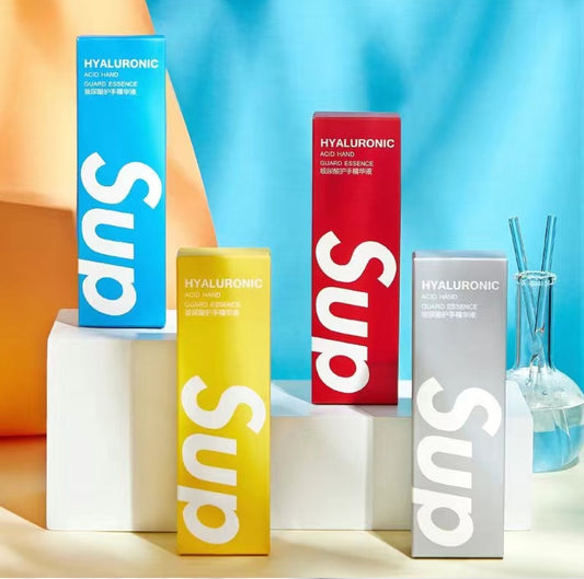 “SUP Hyaluronic Acid Hand Guard Essence in colorful packaging – moisturizing skincare essence for hands in blue, yellow, red, and white variants”