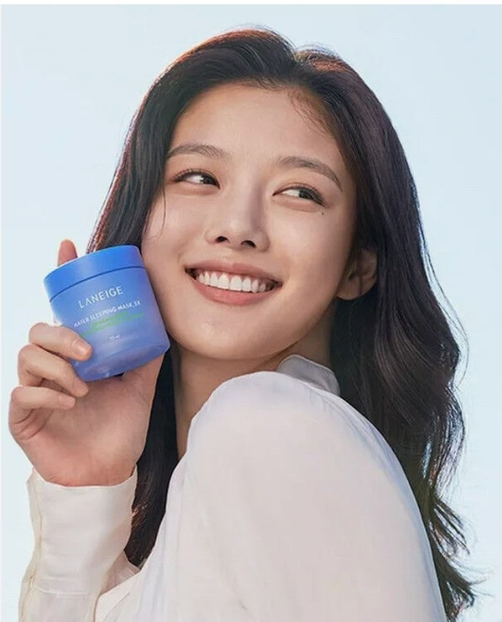 Woman holding Laneige Water Sleeping Mask EX – glowing skin overnight hydration