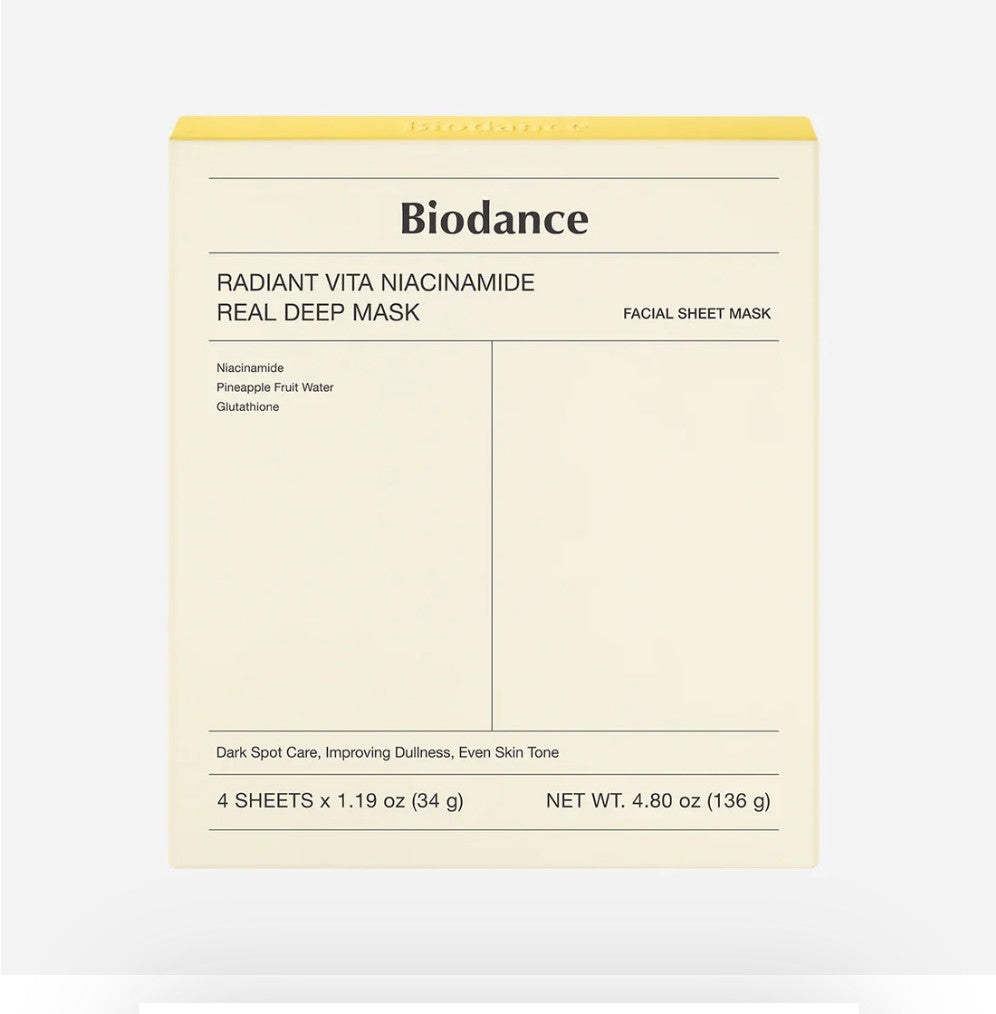 First Image (Yellow Mask Packaging):
Biodance Radiant Vita Niacinamide Hydrogel Sheet Mask 4-Pack – brightening skincare mask with niacinamide and pineapple water