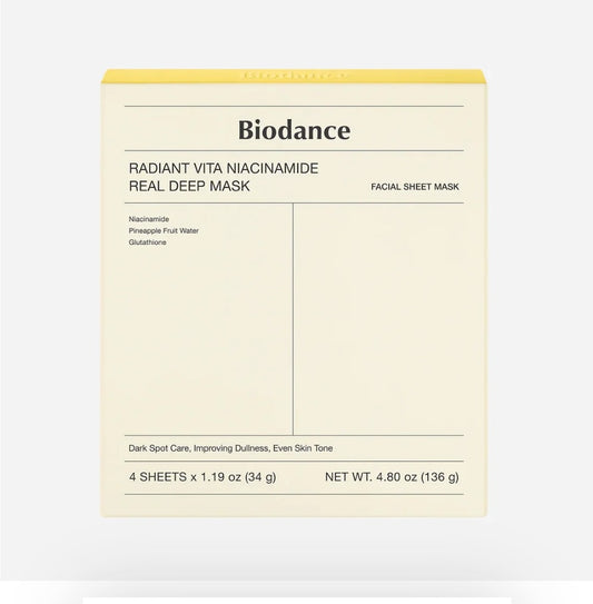 First Image (Yellow Mask Packaging):
Biodance Radiant Vita Niacinamide Hydrogel Sheet Mask 4-Pack – brightening skincare mask with niacinamide and pineapple water