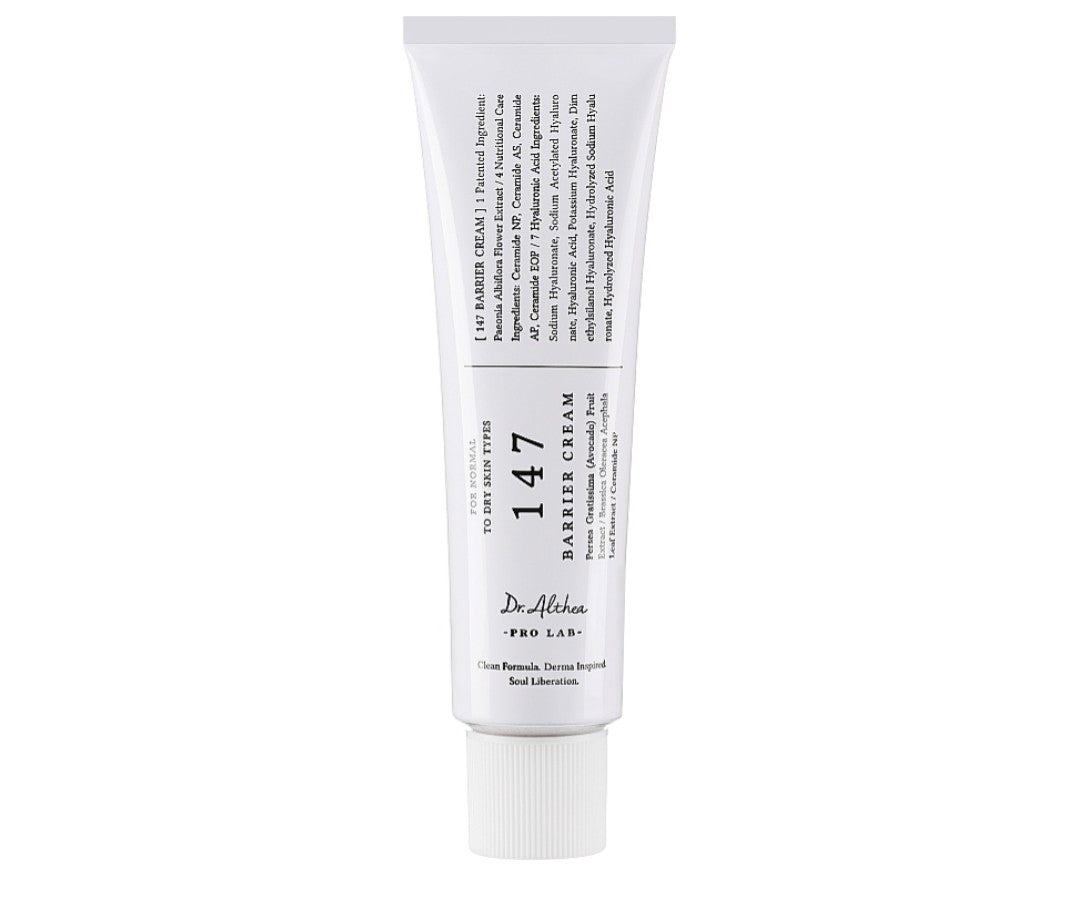 Dr. Althea 147 Barrier Cream – hydrating and repairing face moisturizer for sensitive skin in a white tube with black text.