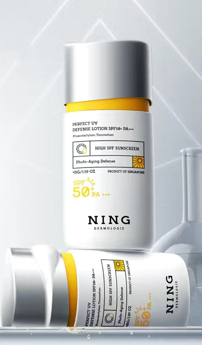 “Ning Dermologie Perfect UV Defense Lotion SPF50+ PA+++ – lightweight broad-spectrum sunscreen for anti-aging and daily sun protection”