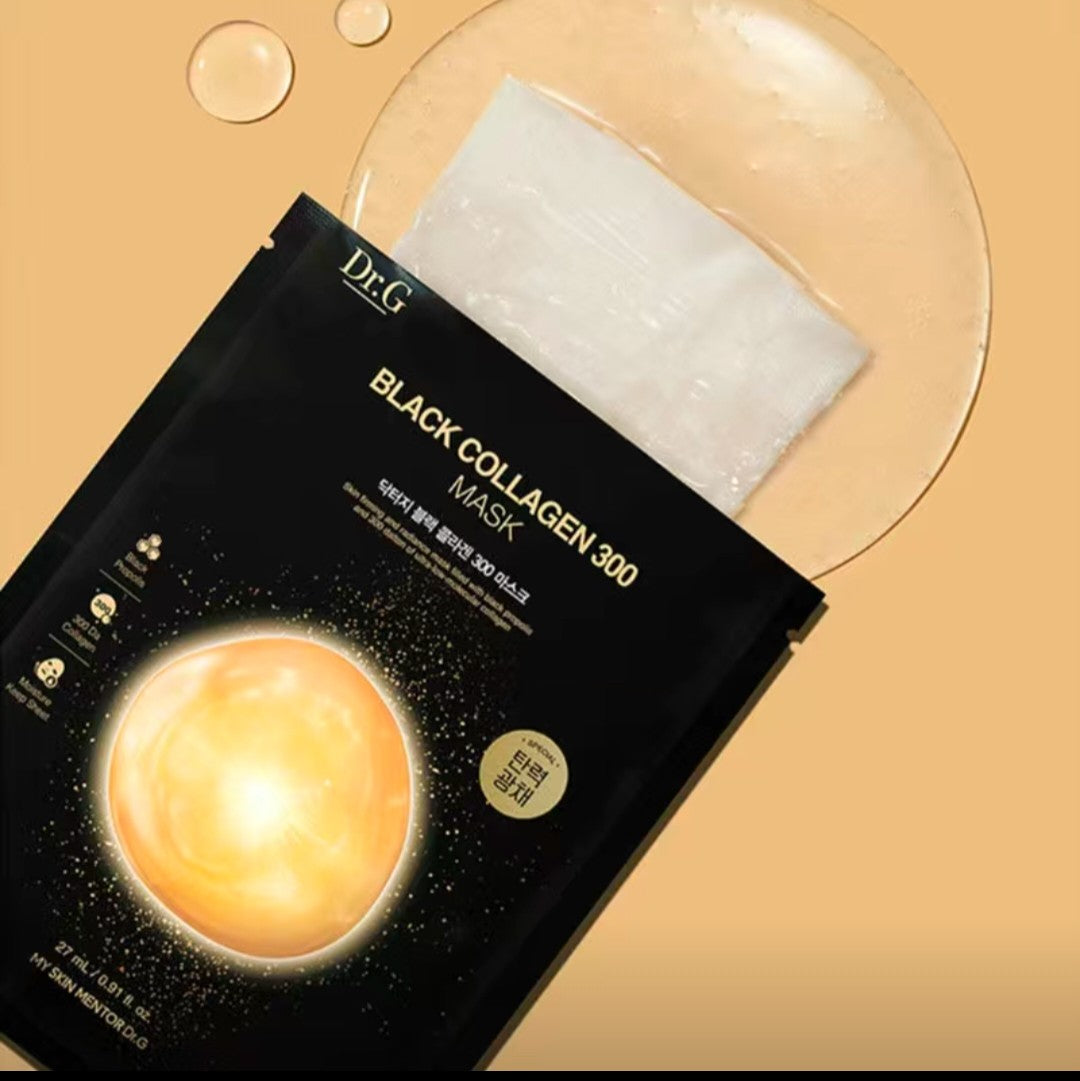 “Opened Dr.G sheet mask for hydration and firming skincare routine”