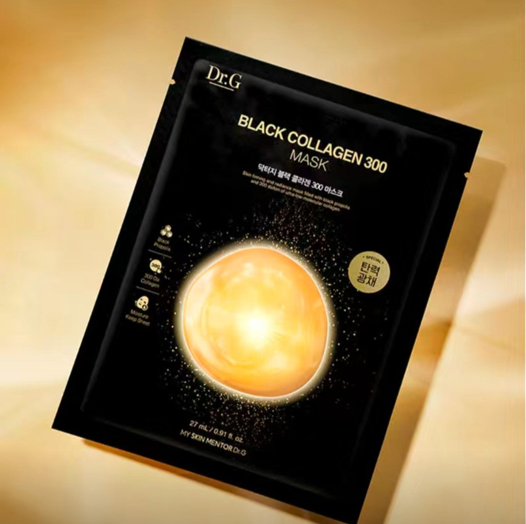 “Flat lay of Dr.G Black Collagen 300 Mask box and sheet showing premium skincare packaging”