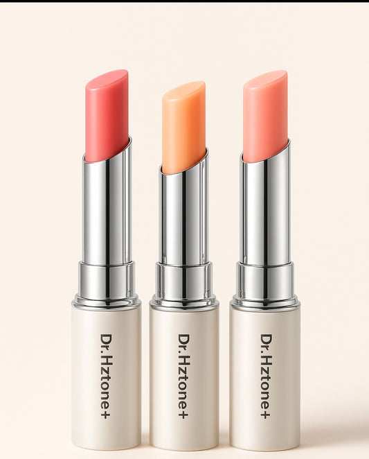 Three tubes of Dr.Hztone+ Color-Changing Lip Balm in watermelon, sweet orange, and cherry blossom shades