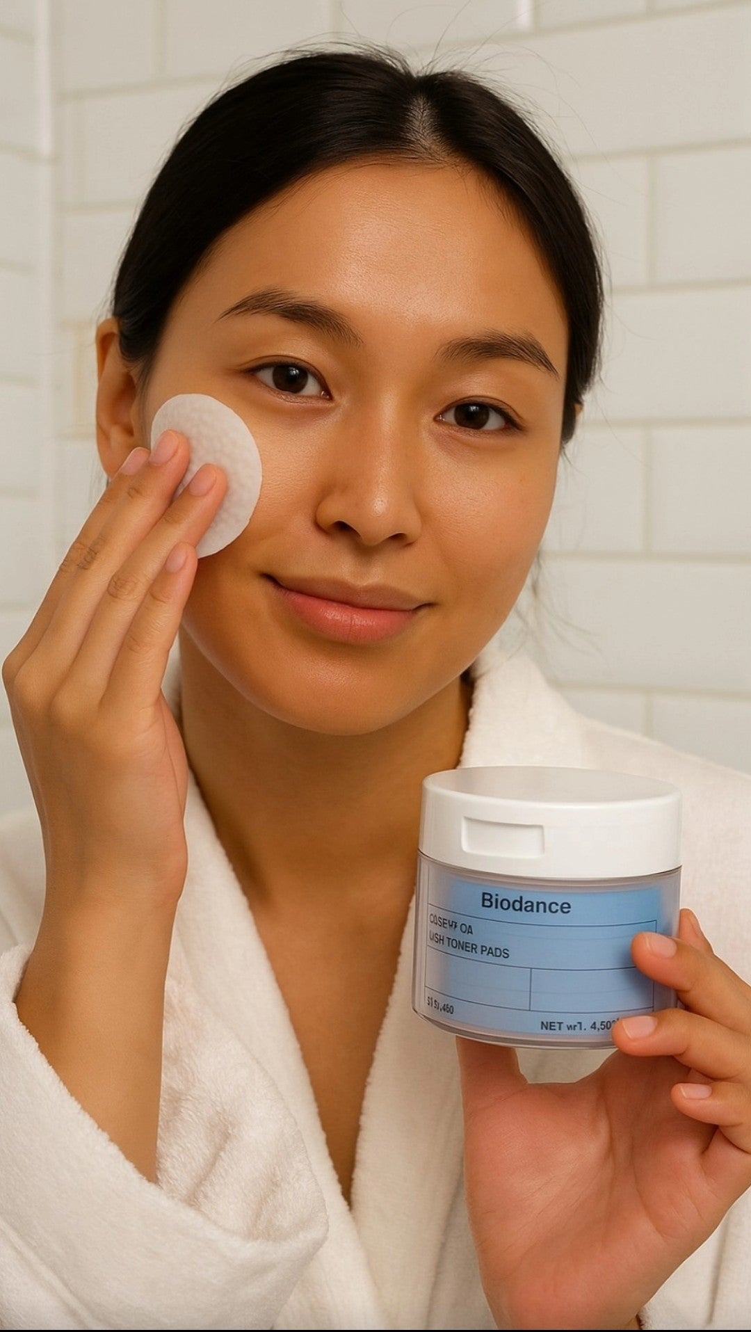 Model holding Biodance Cera-Nol Gel Toner Pads jar and gently touching her cheek