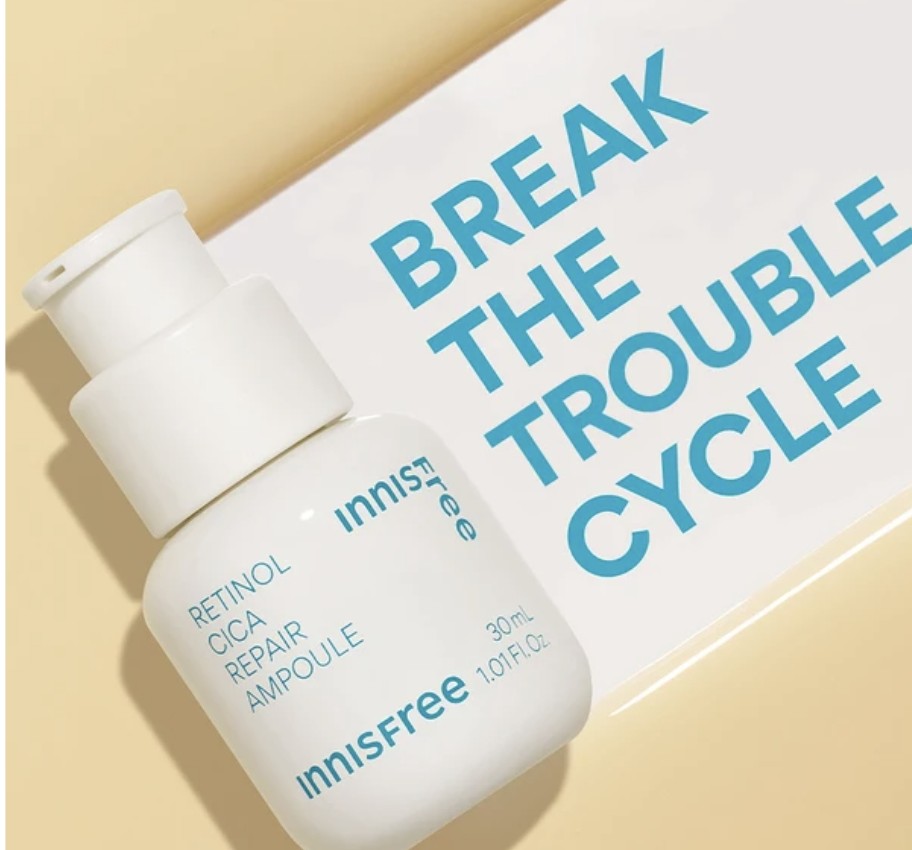 Innisfree Retinol Cica Repair Ampoule serum in skincare routine flat lay