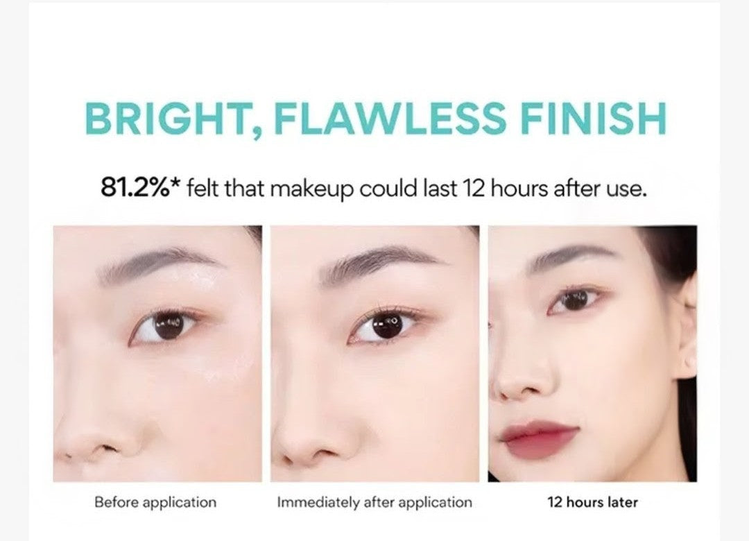 Before and after makeup application on a person's face with text about product longevity.