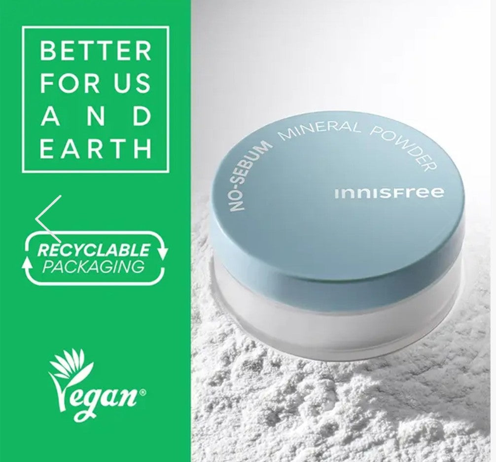 Innisfree mineral powder with green label highlighting 'Better for Us and Earth', 'Recyclable Packaging', and 'Vegan' certification.