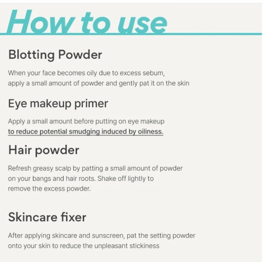 Instructions on how to use blotting powder, eye makeup primer, hair powder, and skincare fixer on a white background.