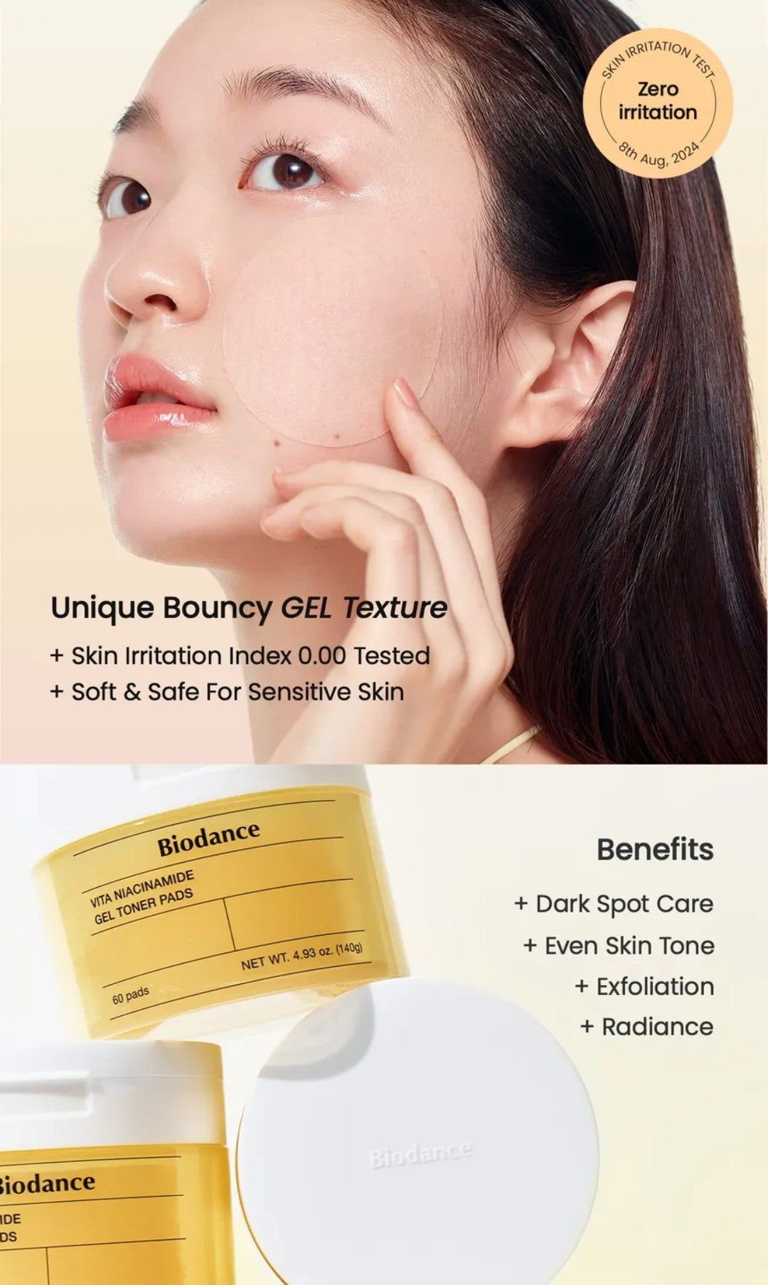 Woman using a Biodance product with text highlighting unique bouncy gel texture and benefits.