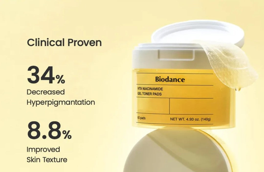 Biodance product container with clinical proven benefits on a beige background