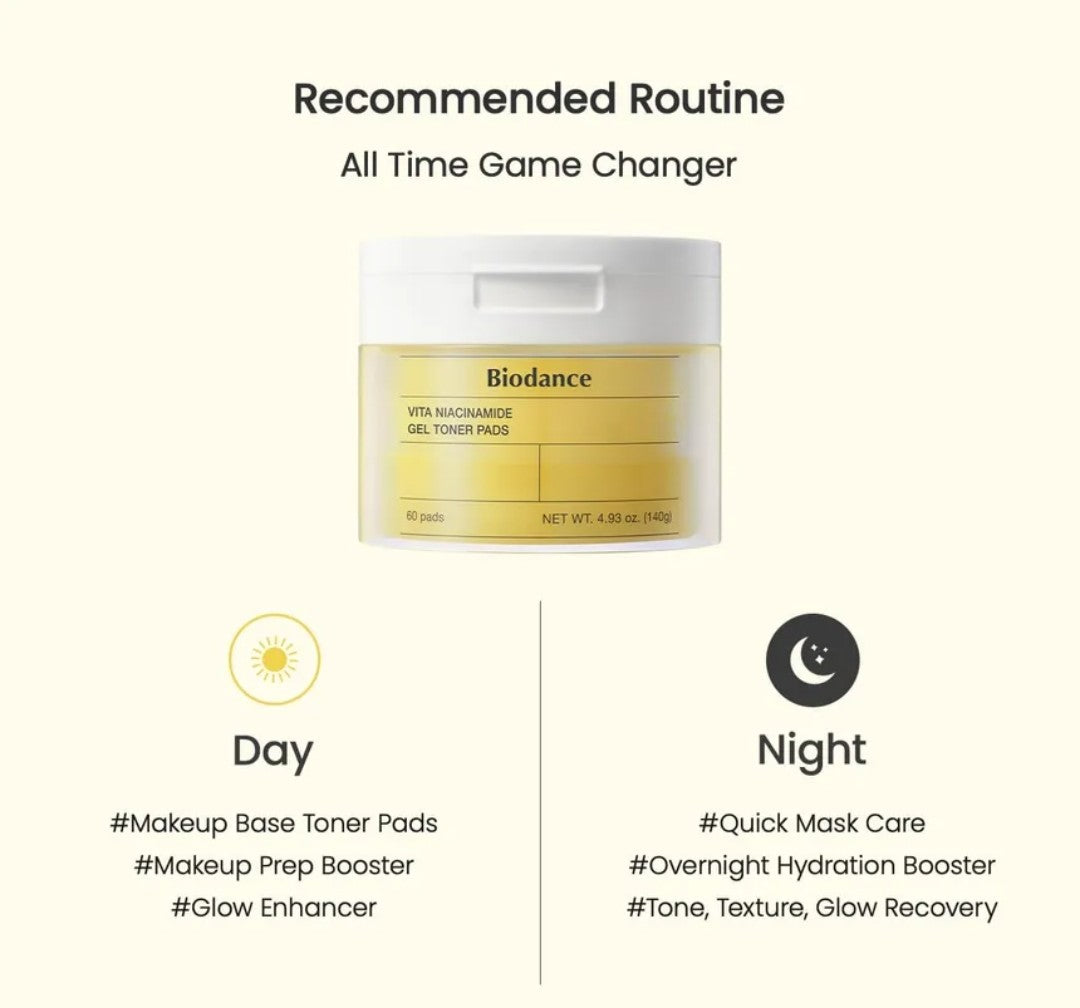 Biodance skincare product packaging with recommended daily and night routine on a white background
