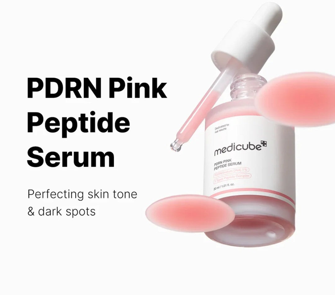 Medicube PDRN Pink Peptide Serum bottle with dropper on a white background