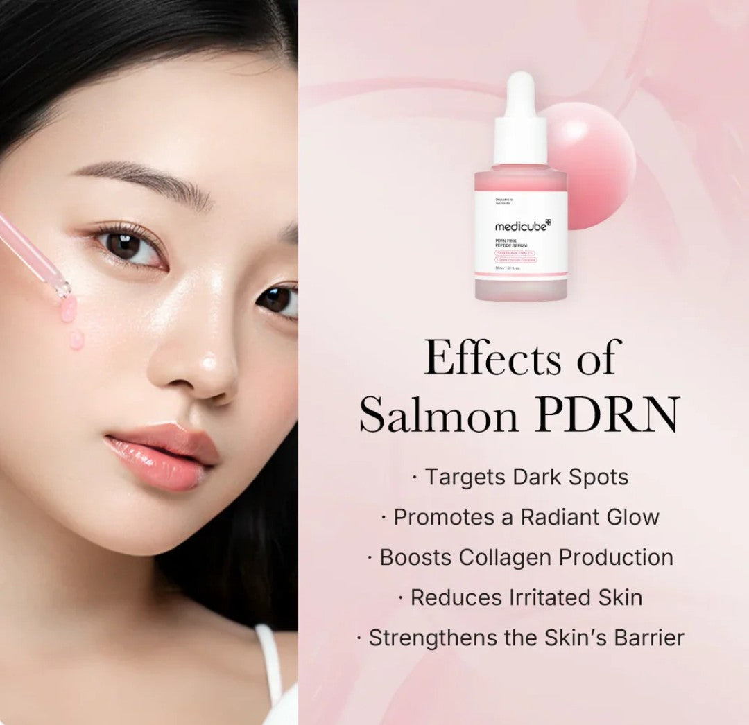 Woman's face with skincare product and text about Salmon PDRN effects on skin