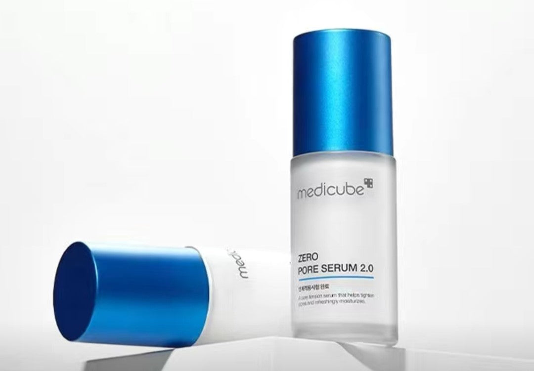 Medicube Zero Pore Serum 2.0 bottle with blue cap on a white background