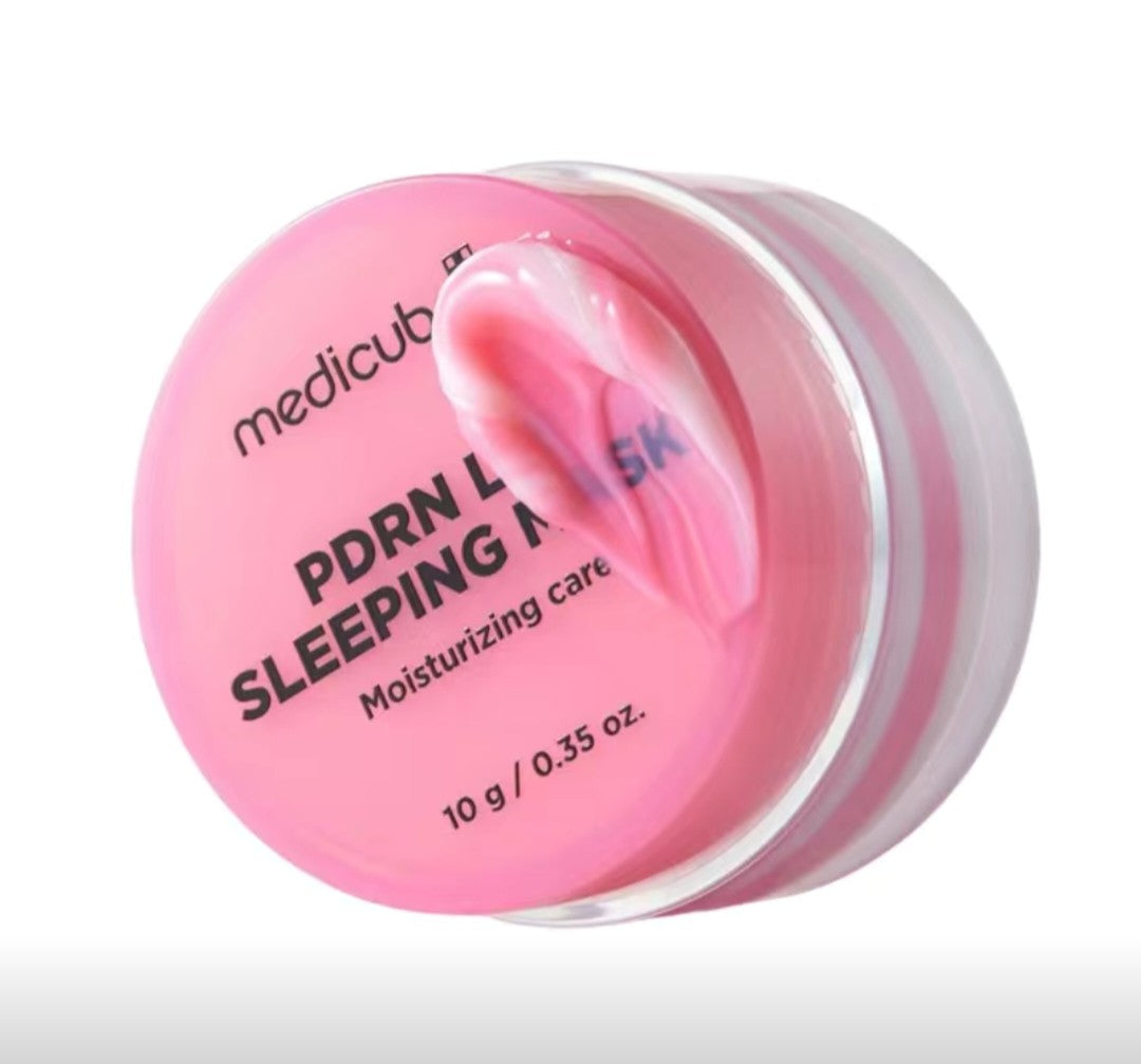 Pink jar of 'PDRN L Sleeping Mask' by Medicube on a white background
