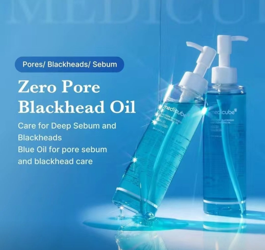 Two blue bottles of skincare product on a blue background with text about pore and blackhead care.