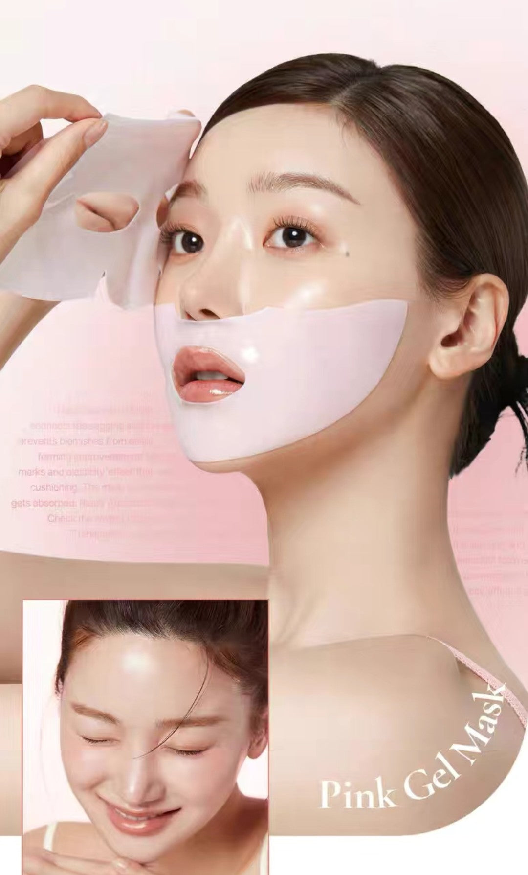 Woman applying a pink gel mask to her face with a close-up inset showing the product.