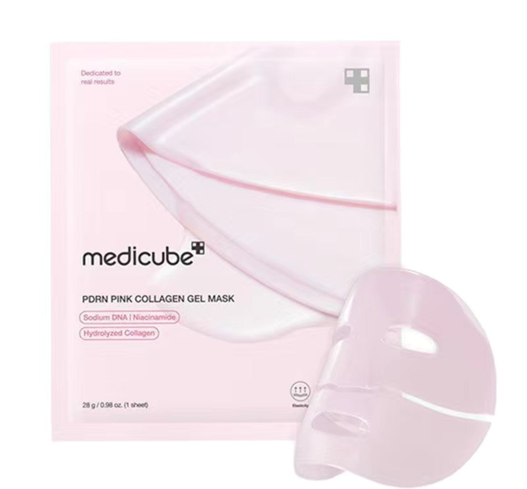Pink collagen gel mask with packaging on a white background