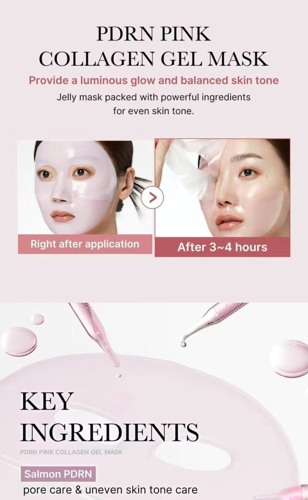Advertisement for PDRN Pink Collagen Gel Mask showing before and after application on a woman's face.