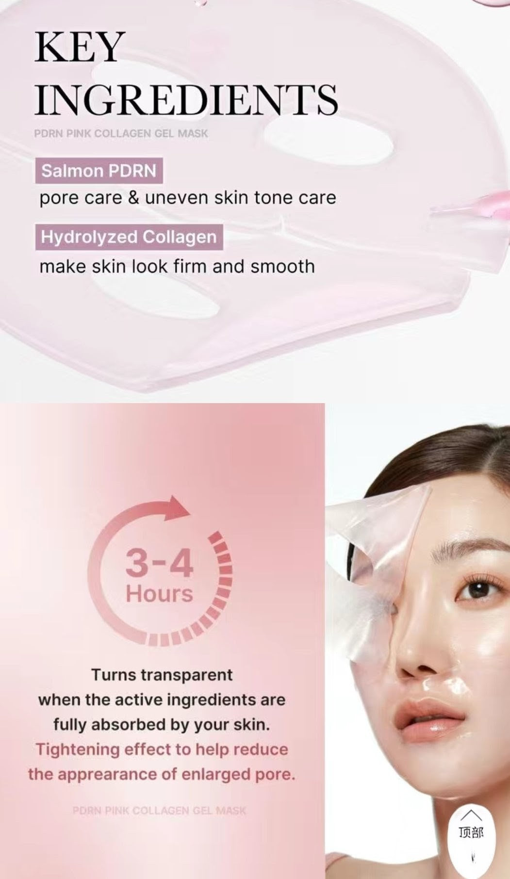 Cosmetic mask packaging with key ingredients and a woman wearing it.