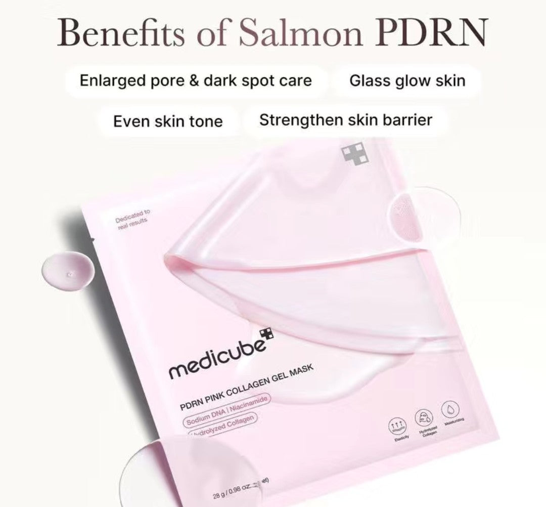 Medicube PDRN Pink Collagen Gel Mask packaging with text on benefits on a white background