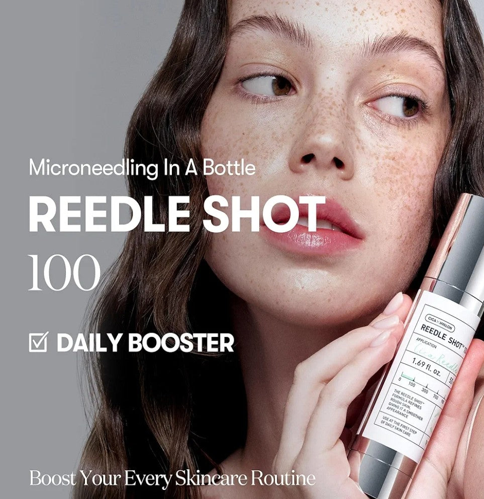 Woman holding a skincare product with text about REEDLE SHOT 100 and daily booster benefits.