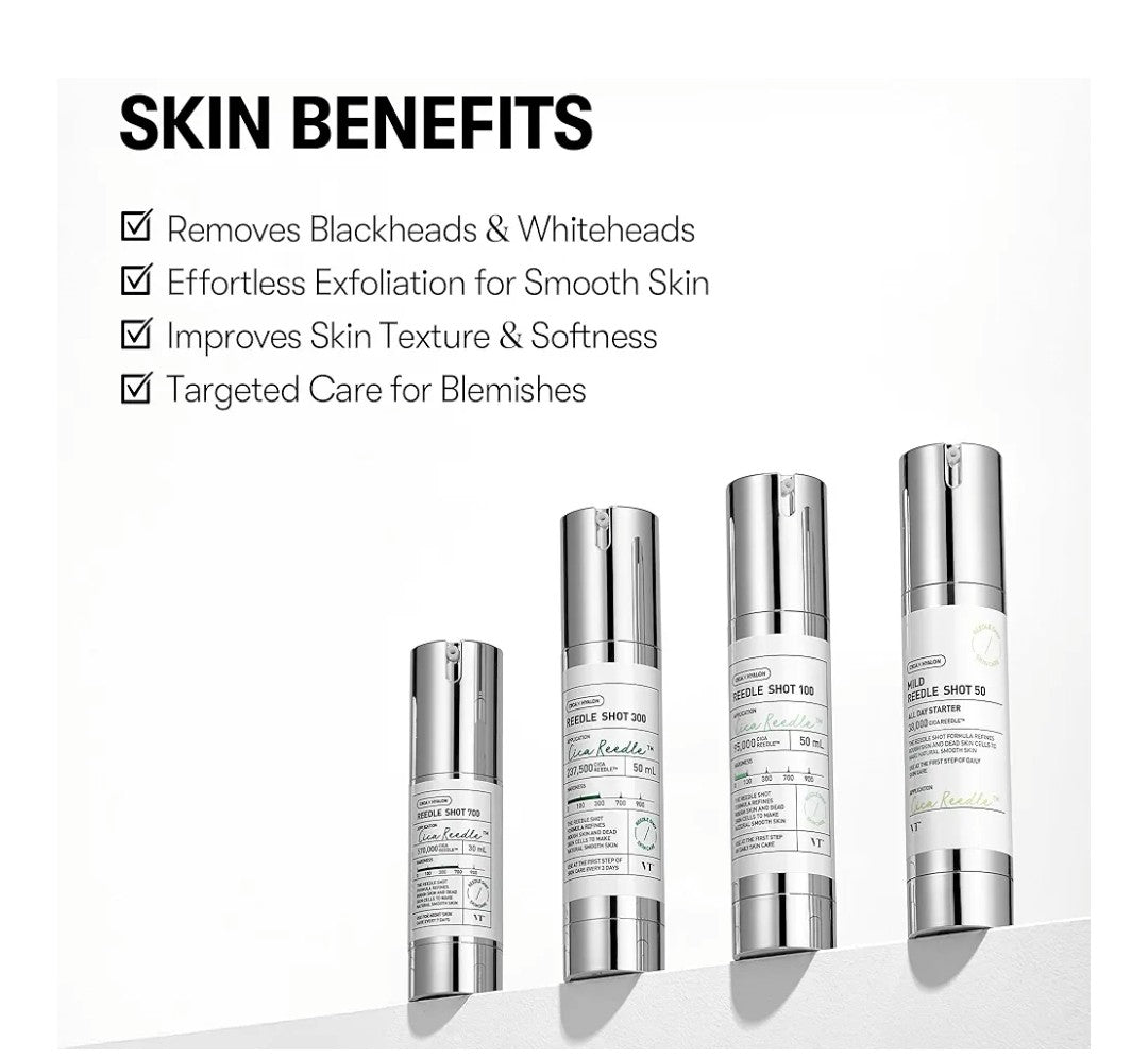 Skincare product bottles with skin benefits listed on a white background