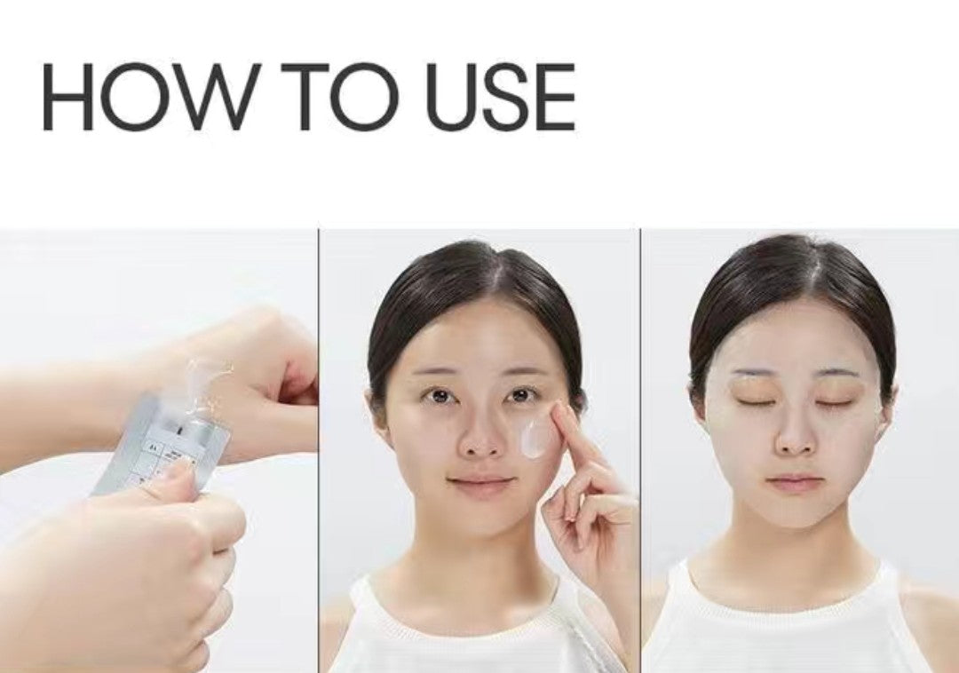 Instructions on how to use a skincare product with a person applying it to their face.
