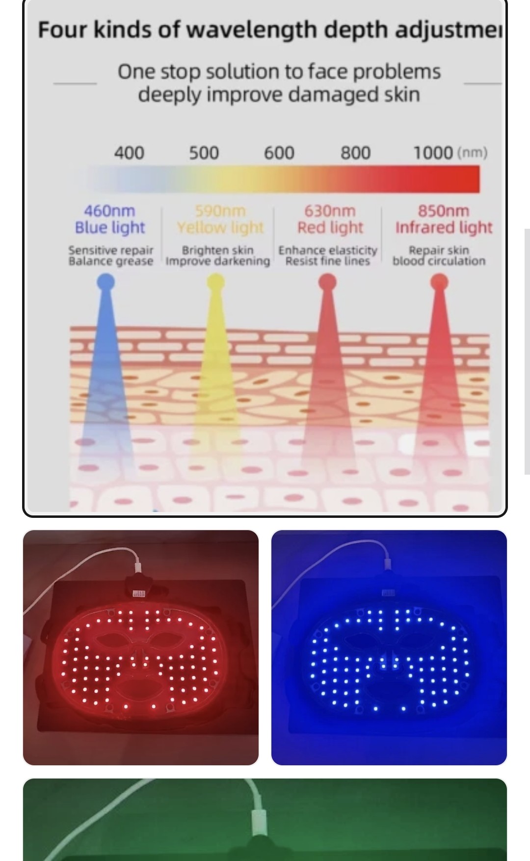 Diagram of wavelength depth adjustment for skin treatment with corresponding light colors and effects.