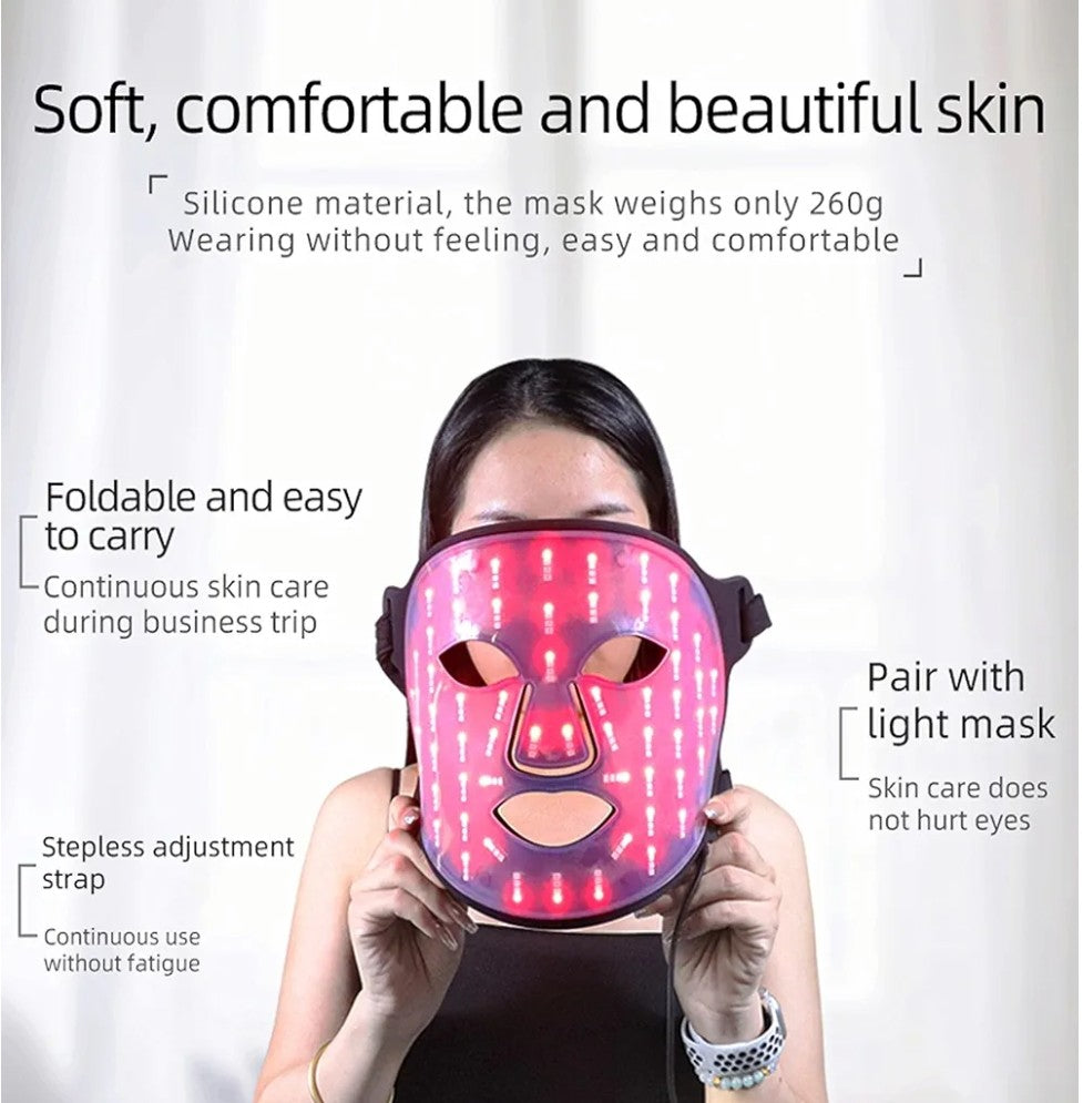 Person wearing a pink LED face mask with text highlighting its features on a white background