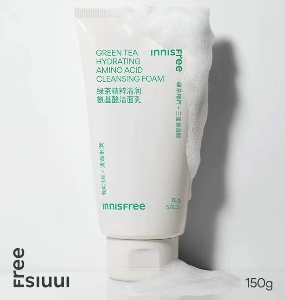 Innisfree Green Tea Hydrating Amino Acid Cleansing Foam tube on a light gray background