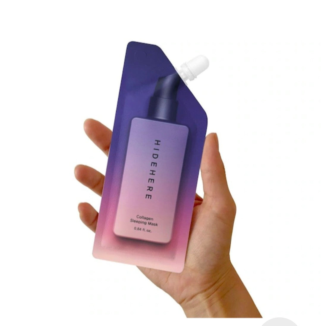Hand holding a gradient purple and pink skincare mask packaging with 'HIDEHERE' branding.