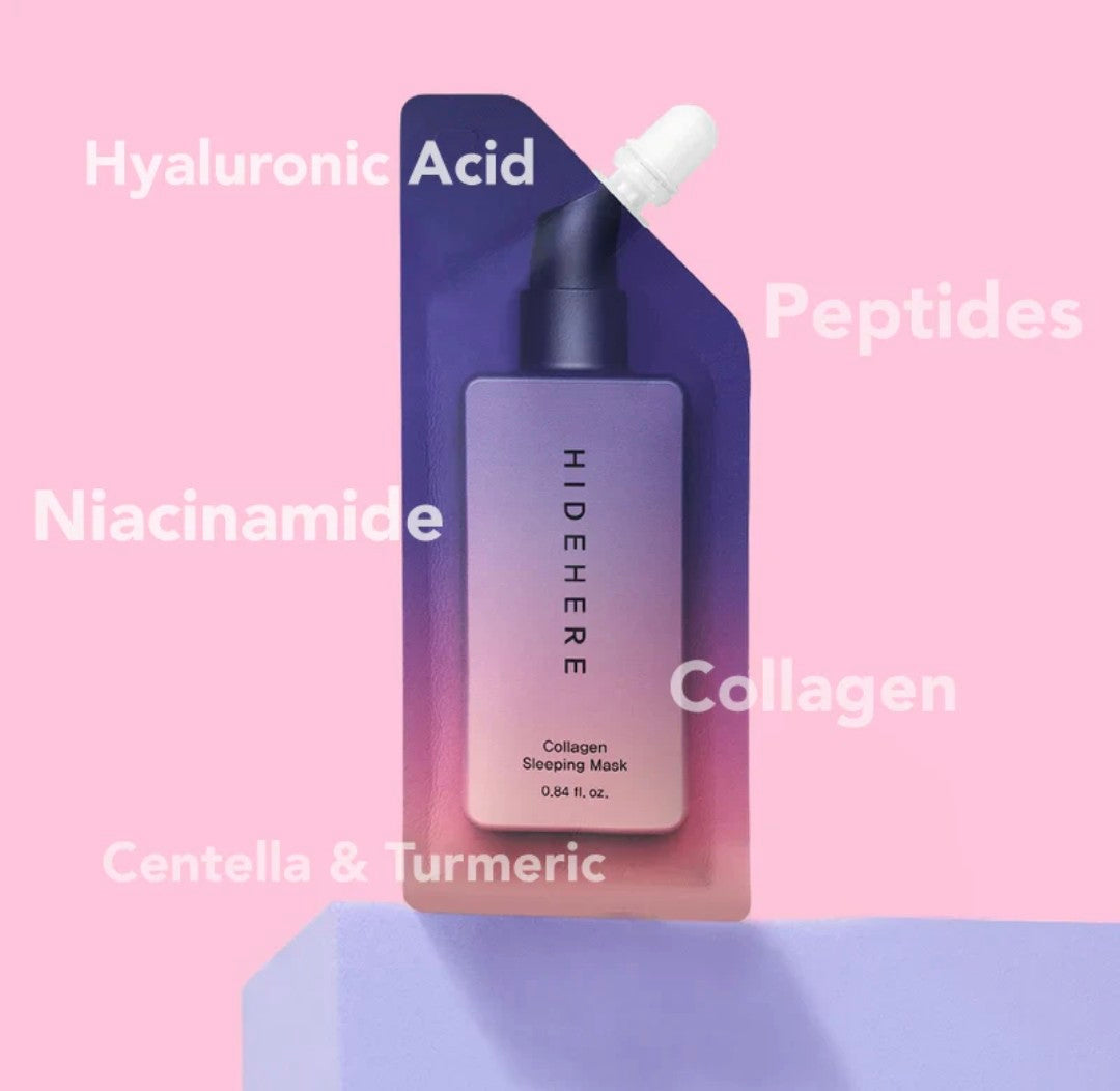 Collagen sleeping mask packaging with ingredients listed on a pink and purple gradient background