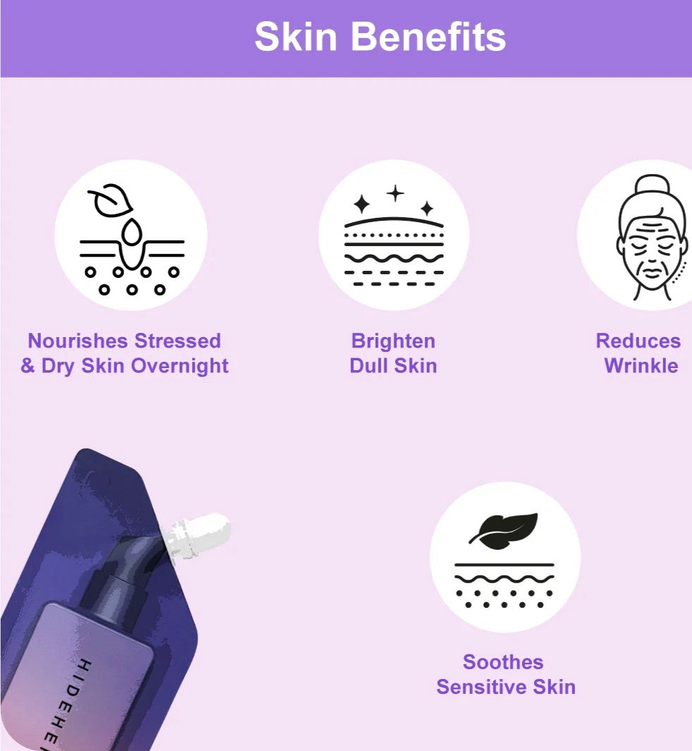 Product packaging with skin benefits on a purple background