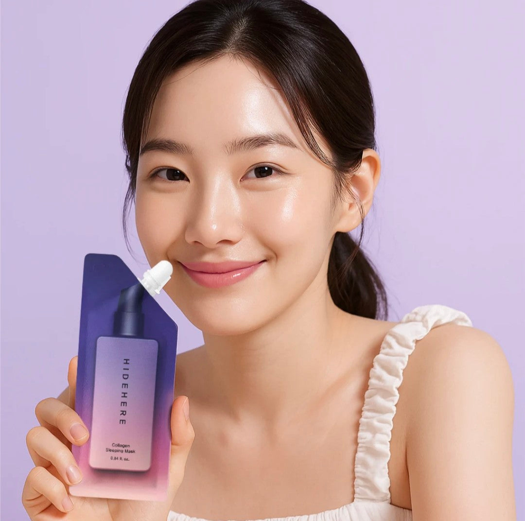 Woman holding a skincare product with a purple background