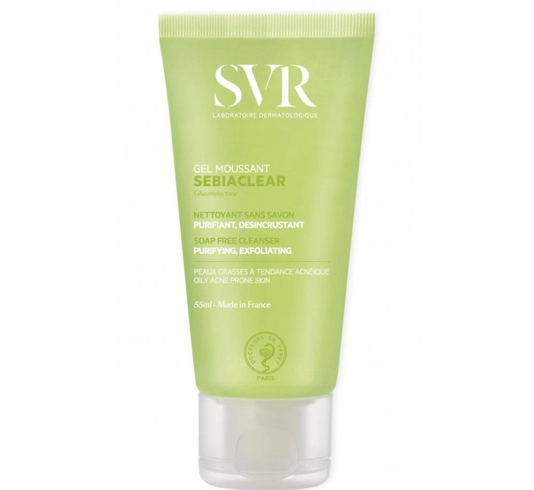 Green tube of SVR Sebiaclear gel on a white background