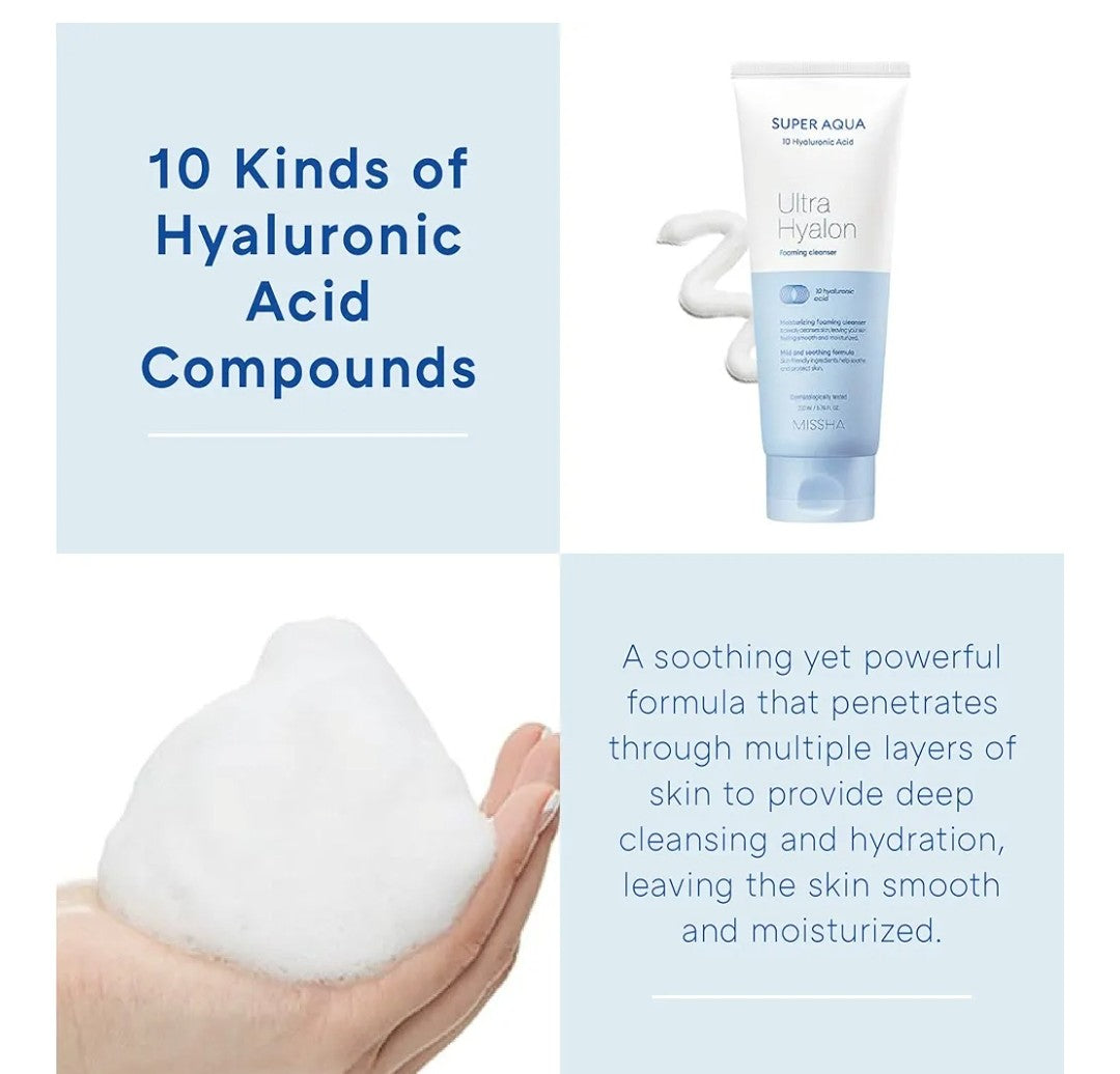 Super Aqua Ultra Hyalron skincare product with text about hyaluronic acid compounds.