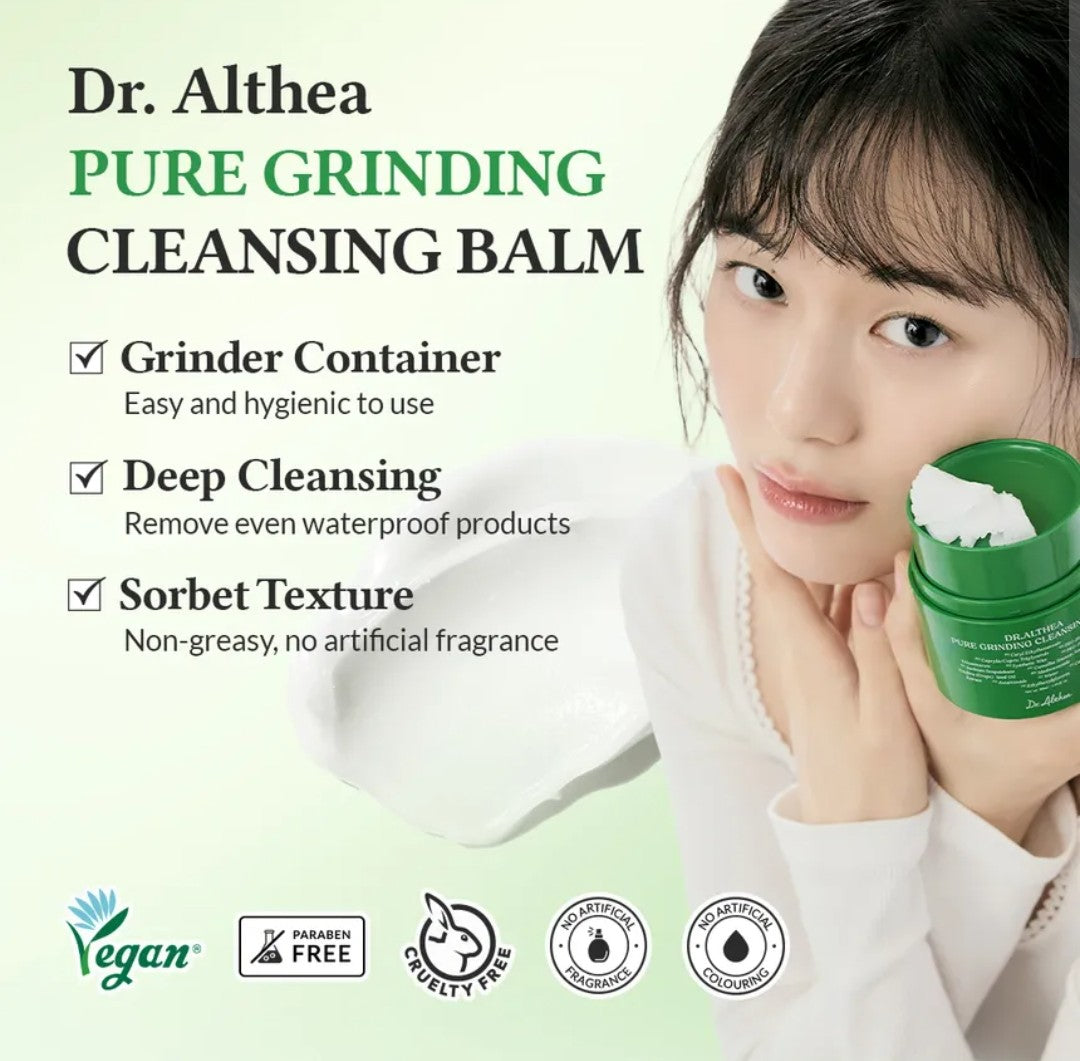 Dr. Althea Pure Grinding Cleansing Balm with a woman holding the product and text highlighting features.
