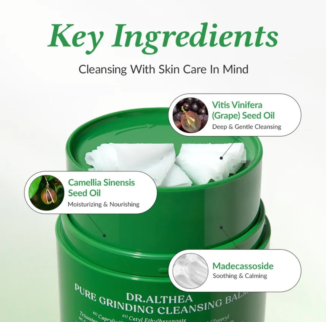 Green container of Dr. Althea Pure Grinding Cleansing Balm with key ingredients listed.