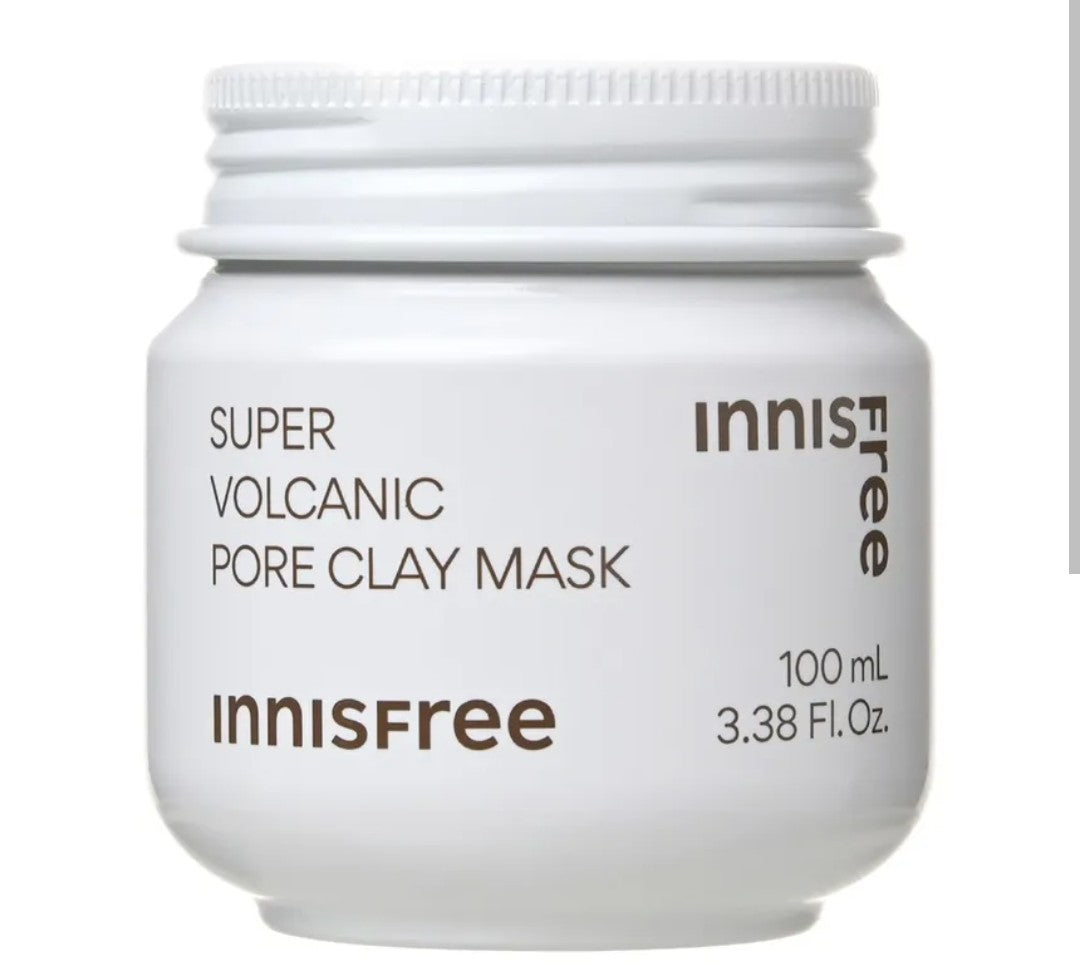 Innisfree Super Volcanic Pore Clay Mask jar on a white background