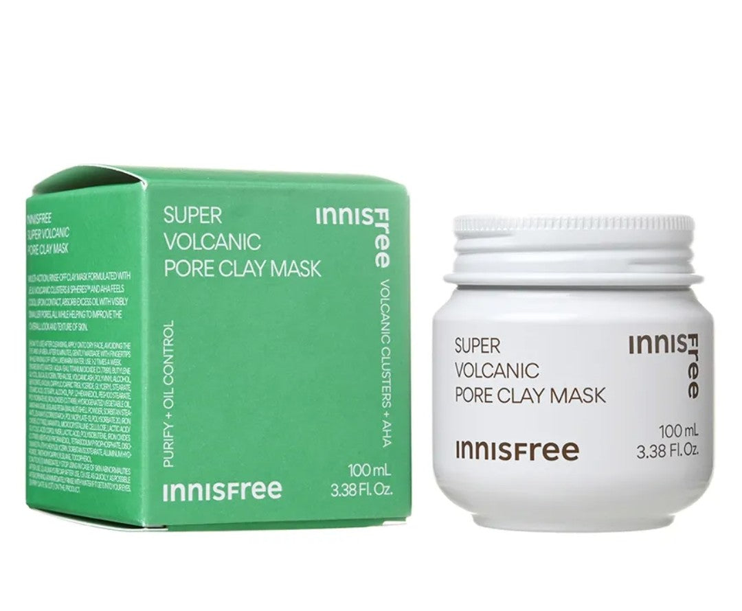 Innisfree Super Volcanic Pore Clay Mask packaging and jar on a white background