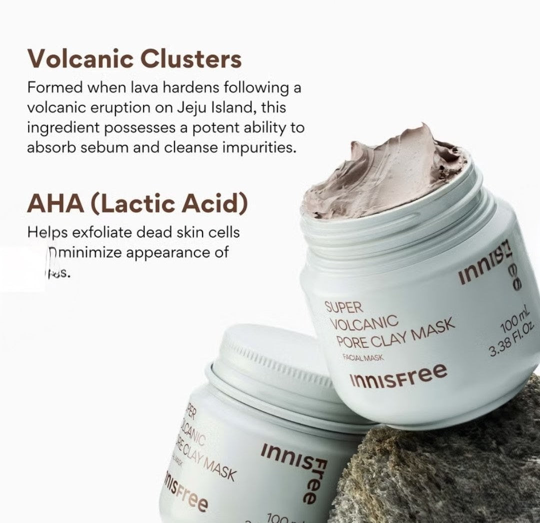 Innisfree Super Volcanic Pore Clay Mask with text about volcanic clusters and AHA Lactic Acid on a white background.