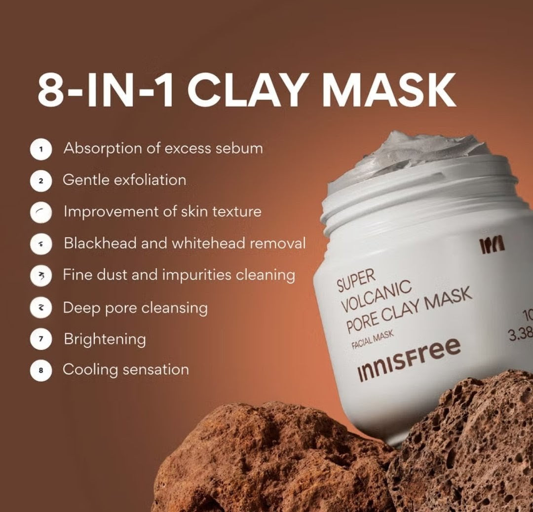 8-in-1 clay mask with product details on a brown background