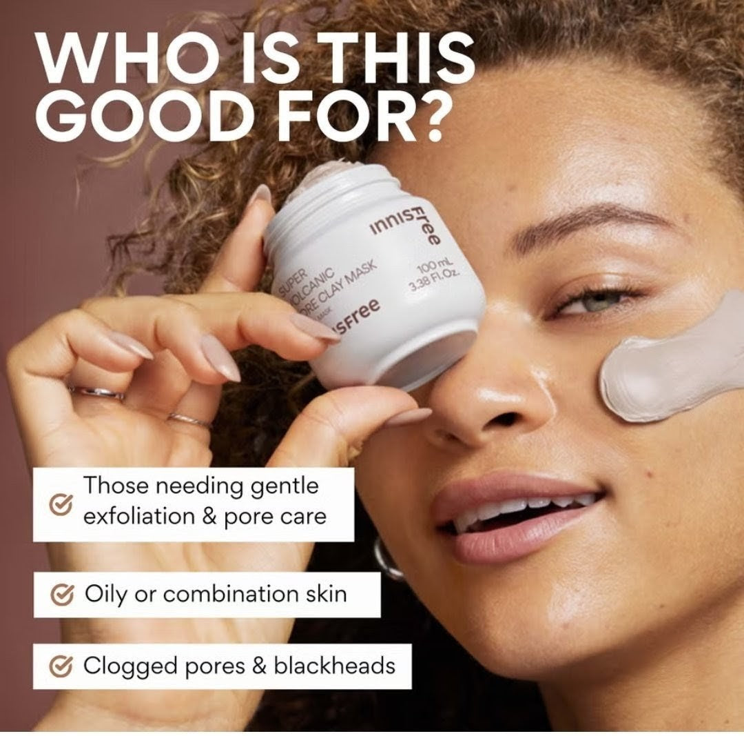 Woman applying facial mask with product and text about its benefits